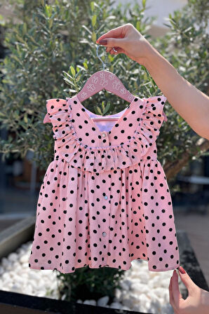 Puantiyeli Kolsuz Pamuklu Kız Çocuk Bebek Pudra Pembe Elbise
