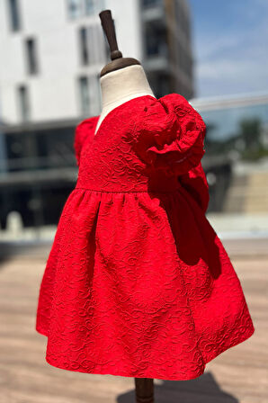 Krep Kabartma Desenli Kız Çocuk Bebek Kırmızı Elbise