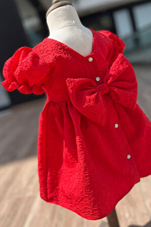 Krep Kabartma Desenli Kız Çocuk Bebek Kırmızı Elbise