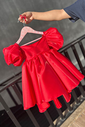 Kırmızı Kız Çocuk Bebek Kuyruklu Kabarık Abiye Elbise