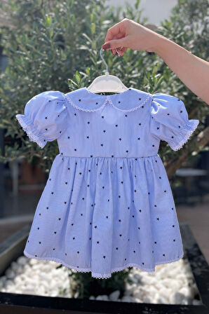 Dantel Süslemeli Yıldızlı Mavi Kız Çocuk Bebek Pamuklu Elbise