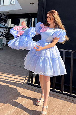 Anne Kız Bebek Çocuk Organze Kombin Abiye Elbise Mavi Pembe Takım