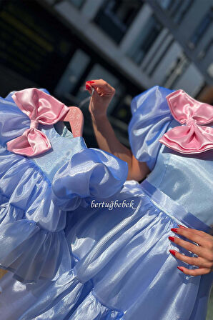 Anne Kız Bebek Çocuk Organze Kombin Abiye Elbise Mavi Pembe Takım