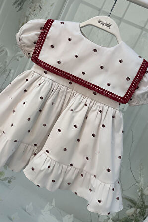 Dantel Süslemeli Kız Çocuk Bebek Minik Çiçek Desenli Pamuklu Beyaz Elbise