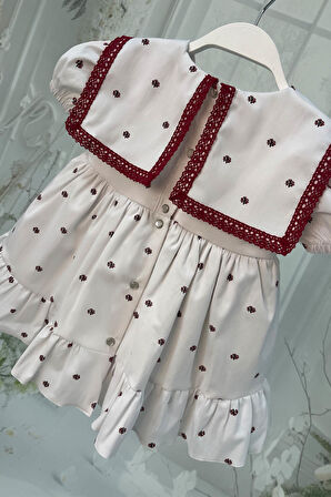 Dantel Süslemeli Kız Çocuk Bebek Minik Çiçek Desenli Pamuklu Beyaz Elbise