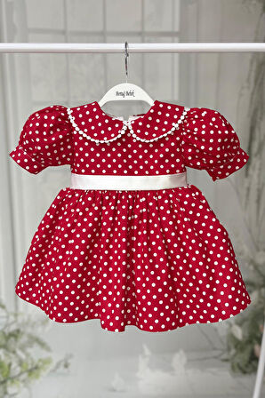 Bebe Yaka Dantelli Kız Çocuk Bebek Puantiyeli Pamuklu Kırmızı Minnie Elbise