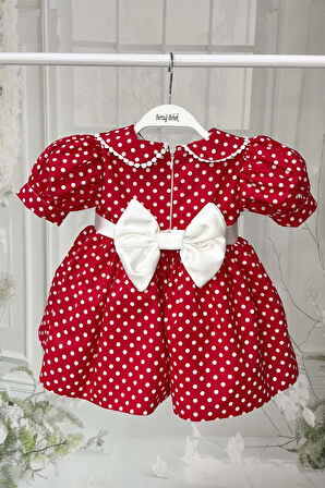 Bebe Yaka Dantelli Kız Çocuk Bebek Puantiyeli Pamuklu Kırmızı Minnie Elbise