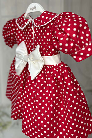 Bebe Yaka Dantelli Kız Çocuk Bebek Puantiyeli Pamuklu Kırmızı Minnie Elbise