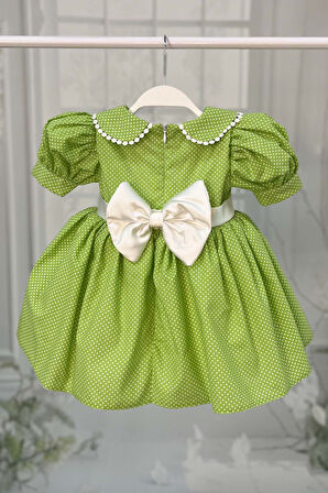 Bebe Yaka Dantelli Kız Çocuk Bebek Puantiyeli Pamuklu Yeşil Elbise