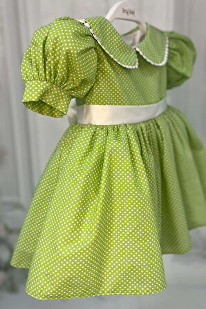 Bebe Yaka Dantelli Kız Çocuk Bebek Puantiyeli Pamuklu Yeşil Elbise