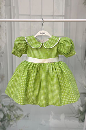 Bebe Yaka Dantelli Kız Çocuk Bebek Puantiyeli Pamuklu Yeşil Elbise