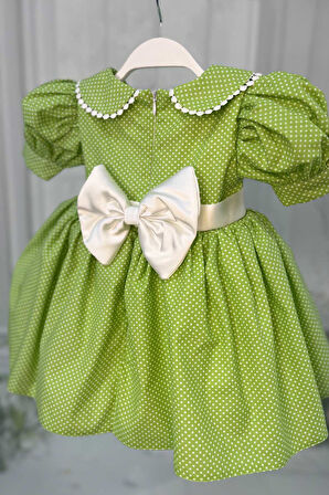 Bebe Yaka Dantelli Kız Çocuk Bebek Puantiyeli Pamuklu Yeşil Elbise
