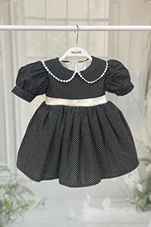 Bebe Yaka Dantelli Kız Çocuk Bebek Puantiyeli Pamuklu Siyah Beyaz Elbise