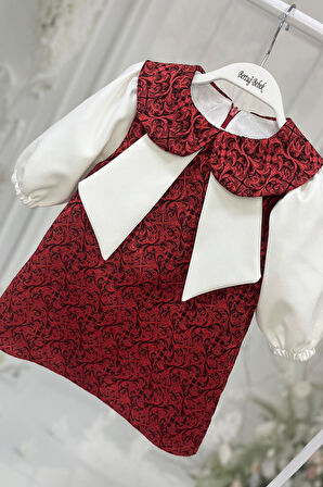 Bordo Kırmızı ve Kırık Beyaz Kız Çocuk Bebek Jile Krep Elbise
