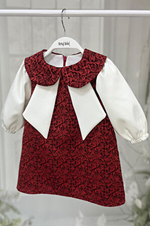 Bordo Kırmızı ve Kırık Beyaz Kız Çocuk Bebek Jile Krep Elbise