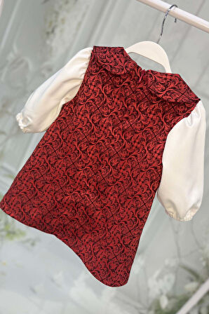 Bordo Kırmızı ve Kırık Beyaz Kız Çocuk Bebek Jile Krep Elbise