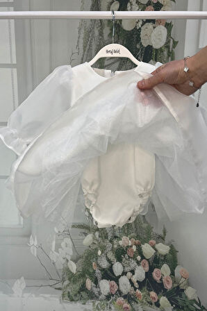 Karolin Kız Çocuk Bebek Romper Gelinlik Abiye Organze Beyaz Elbise 