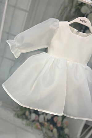 Karolin Kız Çocuk Bebek Romper Gelinlik Abiye Organze Beyaz Elbise 