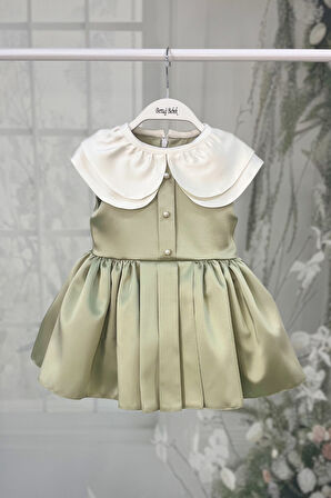 Yeşil Saten Kız Çocuk Bebek Abiye Lotus Elbise 