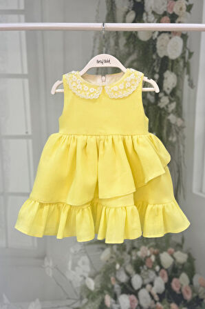 Dantel Yaka Şile Bezi Kız Çocuk Bebek Sarı Pamuklu Elbise