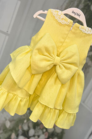 Dantel Yaka Şile Bezi Kız Çocuk Bebek Sarı Pamuklu Elbise