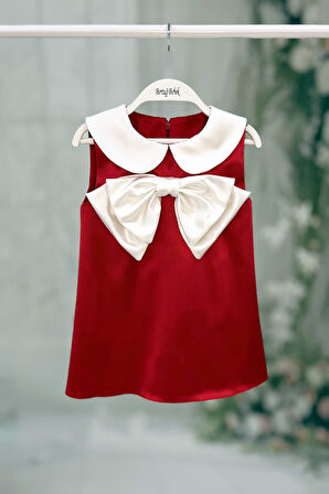 Saten Bebe Yaka Fiyonklu Kız Çocuk Bebek Bayramlık Kırmızı Elbise