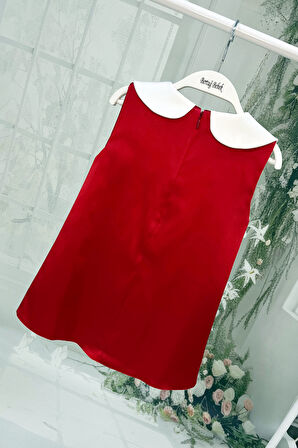 Saten Bebe Yaka Fiyonklu Kız Çocuk Bebek Bayramlık Kırmızı Elbise