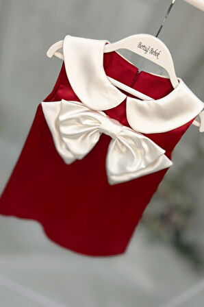 Saten Bebe Yaka Fiyonklu Kız Çocuk Bebek Bayramlık Kırmızı Elbise