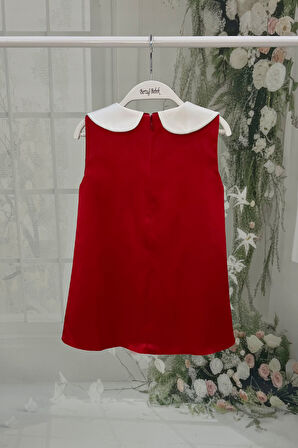 Saten Bebe Yaka Fiyonklu Kız Çocuk Bebek Bayramlık Kırmızı Elbise