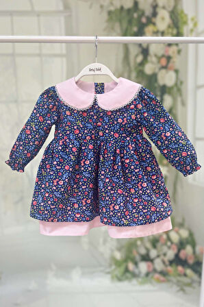 Çiçekli Kız Çocuk Bebek Dantelli Bebe Yaka Mavi Pembe Pamuk Elbise