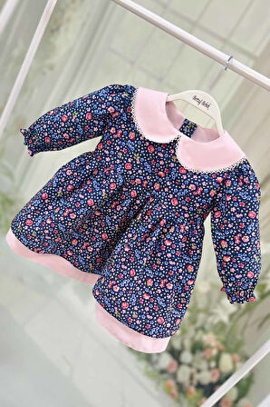 Çiçekli Kız Çocuk Bebek Dantelli Bebe Yaka Mavi Pembe Pamuk Elbise