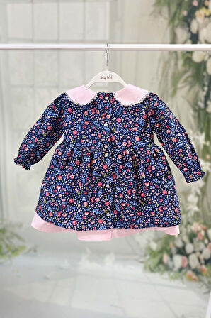 Çiçekli Kız Çocuk Bebek Dantelli Bebe Yaka Mavi Pembe Pamuk Elbise