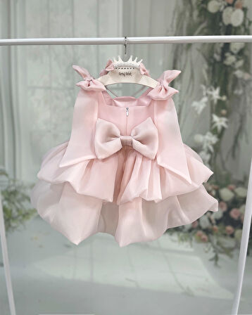 Kat Kat Balon Elbise Kurdale Detaylı Pudra Pembe Karolin Abiye Elbise 