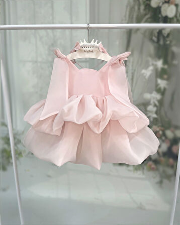 Kat Kat Balon Elbise Kurdale Detaylı Pudra Pembe Karolin Abiye Elbise 