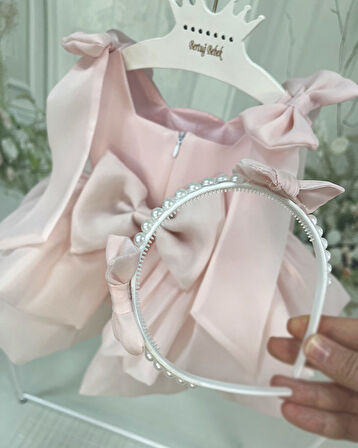 Kat Kat Balon Elbise Kurdale Detaylı Pudra Pembe Karolin Abiye Elbise 