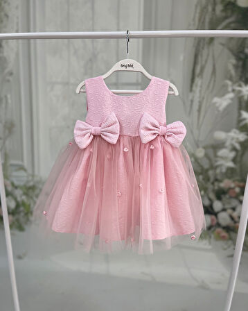 Brokar Pembe Hayal Tül Gül Detaylı Fiyonklu Abiye Elbise 