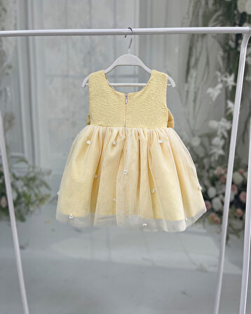 Brokar Sarı Hayal Tül Gül Detaylı Fiyonklu Abiye Elbise