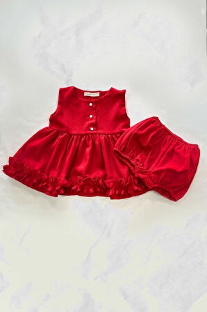 Kırmızı Bürümcük  Pamuklu Alt Üst Kız Çocuk Bebek Takım