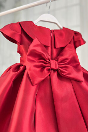 Kırmızı Mikado Bebe Yaka Kuş Kol Pamuk Astarlı Fiyonklu Abiye Elbise