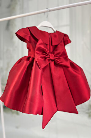 Kırmızı Mikado Bebe Yaka Kuş Kol Pamuk Astarlı Fiyonklu Abiye Elbise