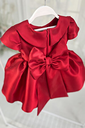 Kırmızı Mikado Bebe Yaka Kuş Kol Pamuk Astarlı Fiyonklu Abiye Elbise