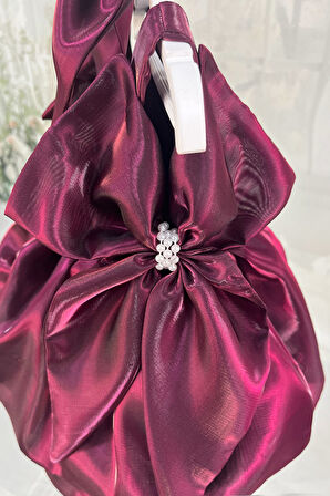 Balon Etek Mürdüm İnci Detaylı Fiyonklu Abiye Gelinlik Elbise