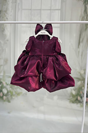 Balon Etek Mürdüm İnci Detaylı Fiyonklu Abiye Gelinlik Elbise