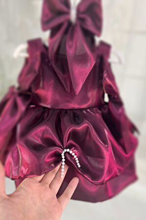 Balon Etek Mürdüm İnci Detaylı Fiyonklu Abiye Gelinlik Elbise