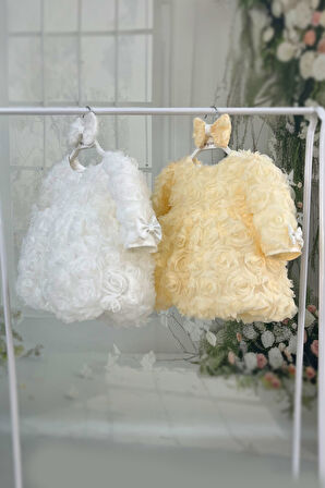 Güllü Uzun Kollu Balon Etek Kız Çocuk Yaka Ekru Abiye Mevlüt Elbise