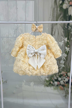 Güllü Uzun Kollu Balon Etek Kız Çocuk Yaka Ekru Abiye Mevlüt Elbise