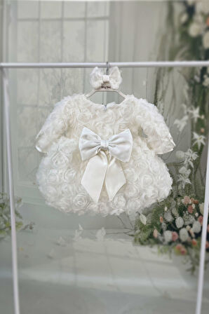 Güllü Uzun Kollu Balon Etek Kız Çocuk Yaka Beyaz Abiye Mevlüt Elbise