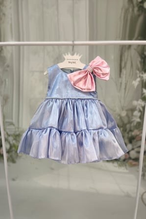 Pembe Fiyonklu Organze Mavi Sıfır Kol Kız Çocuk Bebek Abiye Elbise