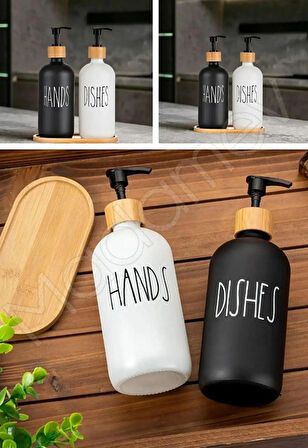 2’li Hands Dishes Siyah Beyaz Dekoratif Mutfak Banyo Sıvı Cam Sabunluk Seti 500ml Bambu Stantlı Set
