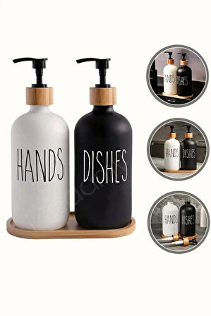 2’li Hands Dishes Siyah Beyaz Dekoratif Mutfak Banyo Sıvı Cam Sabunluk Seti 500ml Bambu Stantlı Set